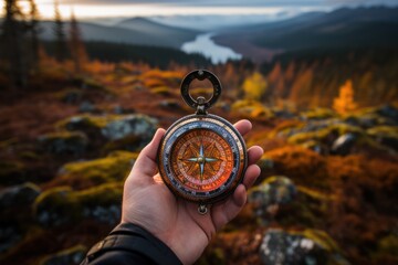 Close-up of a persons hand holding a compass - stock photography concepts - 635028908