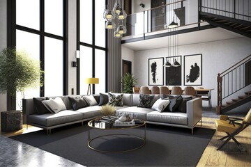 Modern and luxury minimalist interior of living room. Modern cozy living room with a picture on the wall. a living room with a round window in the corner. Generative Ai