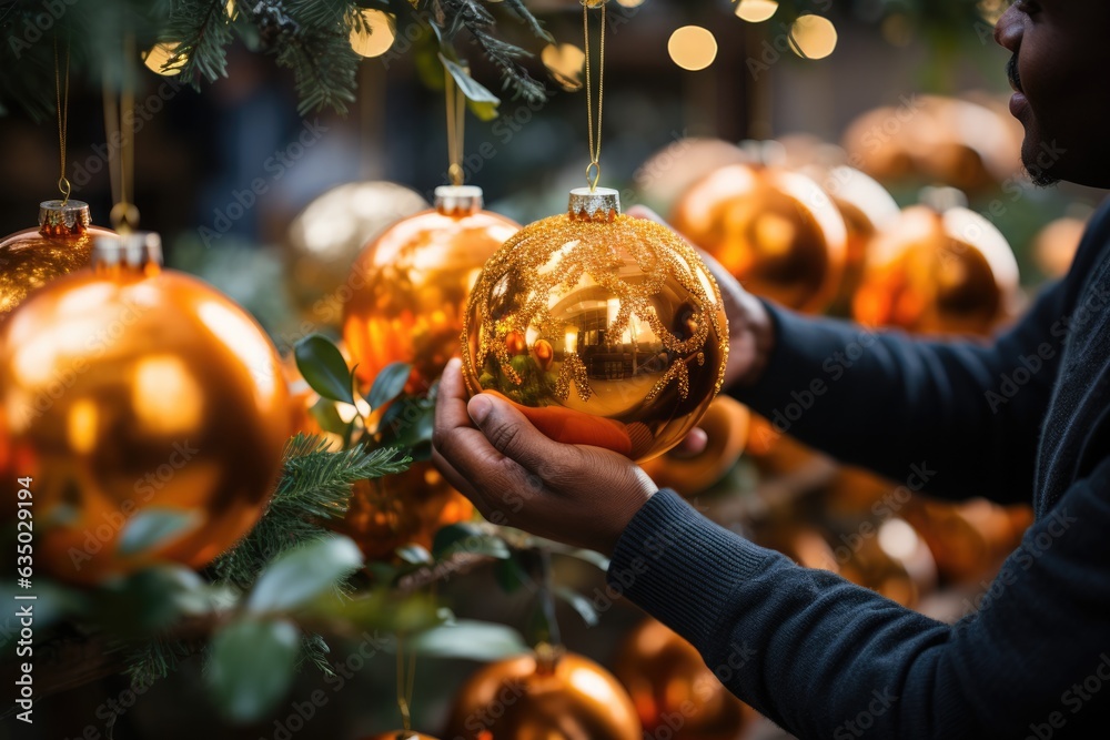 Wall mural Close-up of hands hanging ornaments on a festive tree S - stock photography concepts