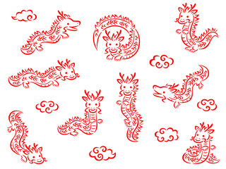 赤い筆描き調の龍のキャラクターと雲の線画イラストセット - obrazy, fototapety, plakaty