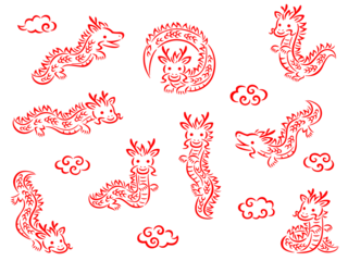 Tuinposter 赤い筆描き調の龍のキャラクターと雲の線画イラストセット © Nora Hachio