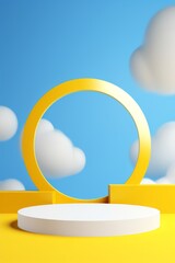 3d render, abstract sunny yellow background with white clouds and blue round hole