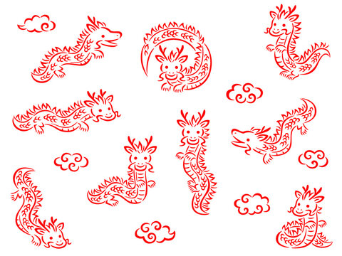 赤い筆描き調の龍のキャラクターと雲の線画イラストセット