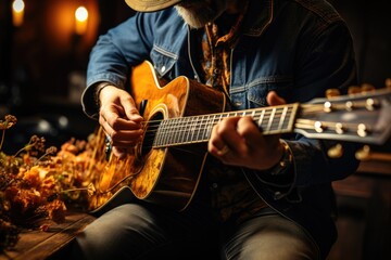 Close-up of hands playing a winter song on a guitar - stock photography concepts