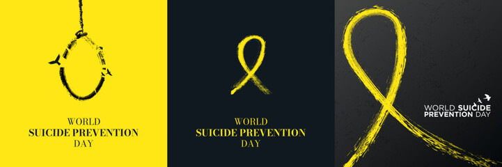 Set of World Suicide Prevention Day Artworks. Minimal and brush concept. Painted yellow awareness ribbon. Editable Vector Illustration. EPS 10.
