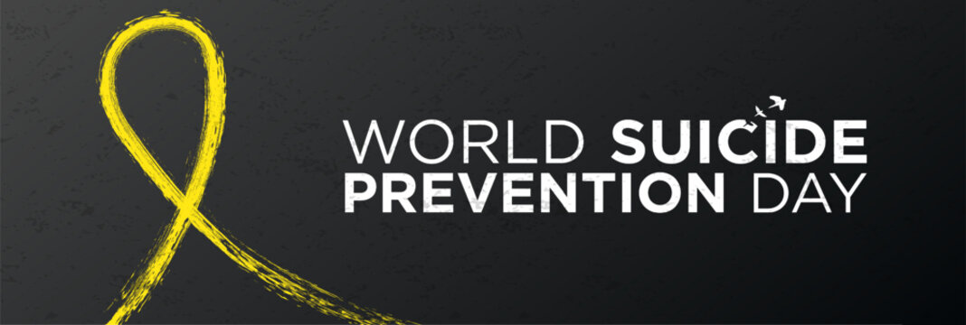 World Suicide Prevented Day Greeting Banner on black background with yellow grunge brush stroke awareness ribbon. Vector Illustration.