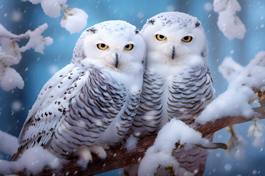 Pair of snowy owls perched on a branch in the middle of a snowfall.