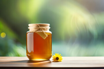 Honey in a closed glass jar and a bowl on a wooden background. Composition of honey jars, dipper and flowers. Healthy foods. organic honey. Organic products. Generative AI