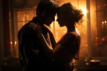 Couple dancing romantically in a dimly lit room - stock photography concepts