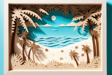 sandy beach with palm trees on the ocean shore. paper art style. Japanese origami. cardboard landscape. realistic papercut.
