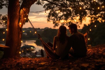 Couple lying on a hammock gazing at the stars - stock photography concepts