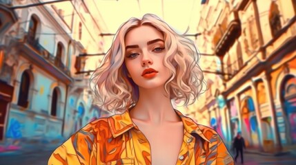 Fashionable young woman posing in a city street . Fantasy concept , Illustration painting.