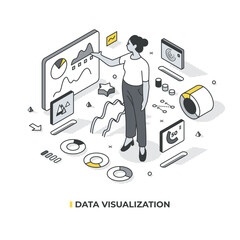 Data visualization vector isometric concept. Woman presenting some data represented in understandable format in charts, graphs, infographics