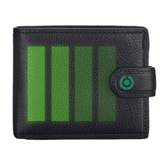 Classic men's wallet made of high-quality genuine leather in black, with an illuminated charging level and a touch button on the clasp that stands out against a white background. Front view. - 635030799