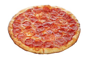 Large delicious pizza with salami and tomatoes, isolated on a white background. One hundred percent sharpness. - 635030977