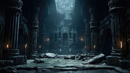 underground temple, dark cavern columns with ruins etched into them