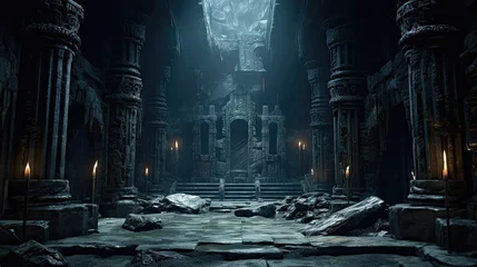 underground temple, dark cavern columns with ruins etched into them © medienvirus