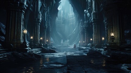 underground temple, dark cavern columns with ruins etched into them - obrazy, fototapety, plakaty