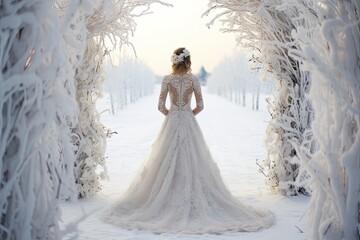 elegant bride before wedding arch in winter