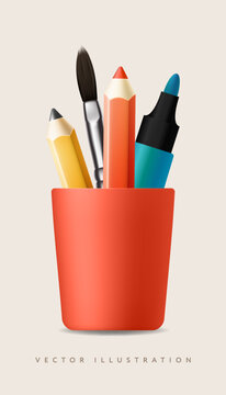 Red pencils holder with different stationery, isolated on white background. Realistic vector illustration
