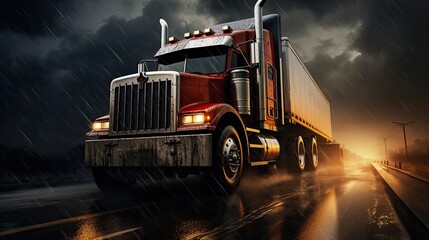 Fototapeta na wymiar Truck on wet road in heavy rain under cloudy sky