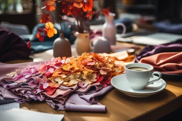 Naklejka na ściany i meble Designers table adorned with fabric swatches - stock photography concepts