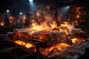 Fiery sparks flying as a blacksmith hammers red-hot metal - stock photography concepts - obrazy, fototapety, plakaty