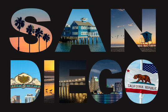 Letters SAN DIEGO, iconic landmarks photo collage, word SAN DIEGO, sign written with photos, isolated on black background