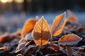 Frosty leaves on a winter morning - stock photography concepts - 635032307