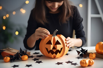 Happy laughing child girl making paper pumkin Halloween party. Generative Ai