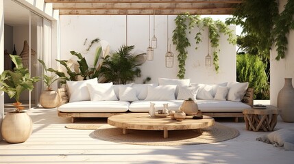 boho patio, interior design, white wood, clean and minimal, daylight