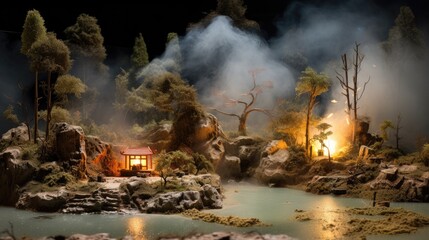 Hot springs on a small island in a summer downpour, with the smoke of the hot springs set off by the autumn moon night, miniatures, photo grade