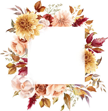 Autumn Floral Square Frame PNG. Fall Wreath. Rusty Flowers Border. Terracotta Wedding. Thanksgiving Card