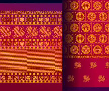 Indian Pattu Sari Vector pattern,  women wear during festivals, ceremonies, and weddings. Traditional handmade Indian silk sari /saree design with peacock motif.