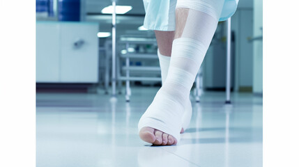 Generative AI, broken leg in plaster, white bandages, limb fracture, bone fracture, hospital ward, emergency room, patient