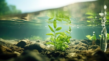 half underwater, macro photography, stream of fresh water, young green plant, outdoor springtime