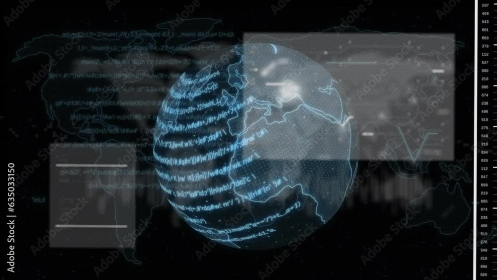 Poster animation of graph, circuit board pattern, map and abstract language on globe over black background