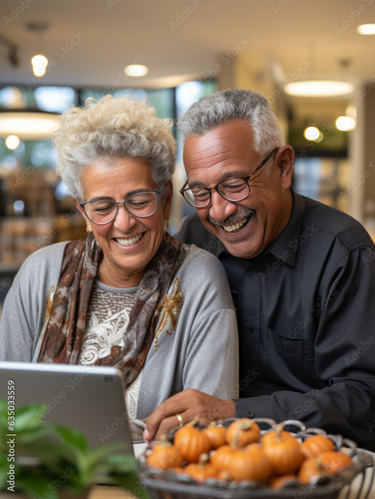 Wall mural senior couple using laptop at home