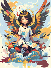 Angel girl with wings sits on a cloud, Generative AI