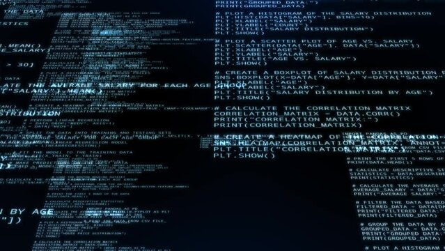 Abstract computer code software running in a virtual space.Programming code with on dark blue background, Seamless 3D digital Technology motion loop animation.