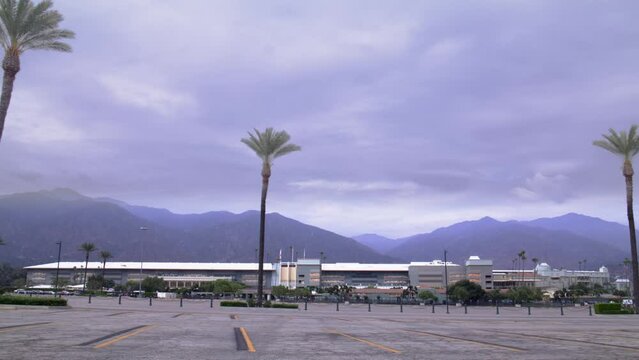 Santa Anita Park Clubhouse in Arcadia, California with wide shot parking lot panning left to right.