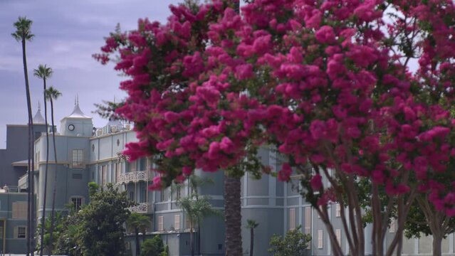 Santa Anita Park Clubhouse in Arcadia, California with medium stable shot with flowers.
