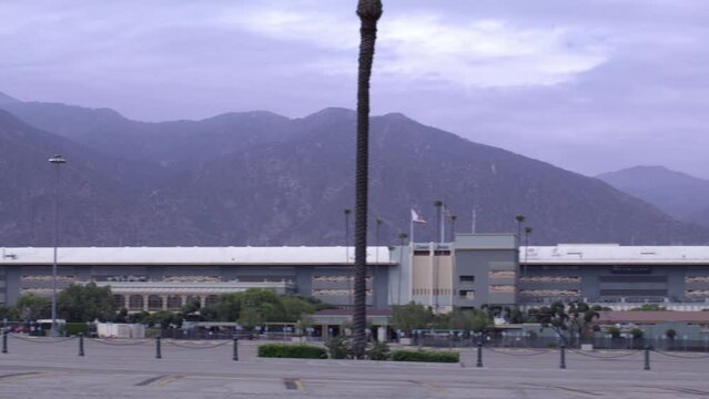 Santa Anita Park Clubhouse in Arcadia, California with wide shot panning left to right.