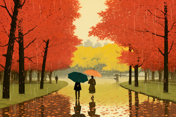 autumn rainy park with trees with orange leaves and many people with umbrellas in Japanese sketch style with Generative AI
