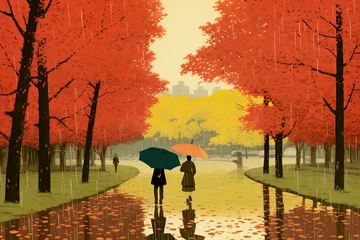 Wall murals Brick autumn rainy park with trees with orange leaves and many people with umbrellas in Japanese sketch style with Generative AI