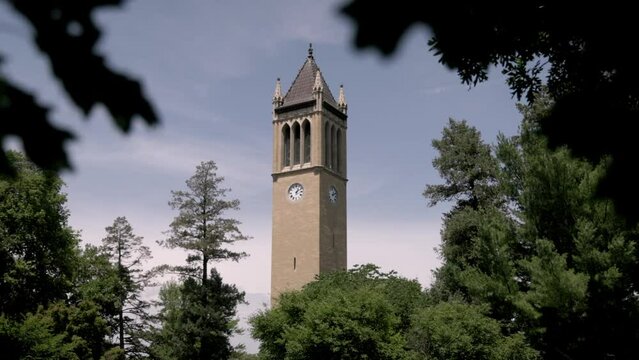 Stanton Memorial Carillon Campanile on the campus of Iowa State University in Ames, Iowa with gimbal video stable close up.