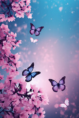 butterflies and flowers on a blue background with highlights