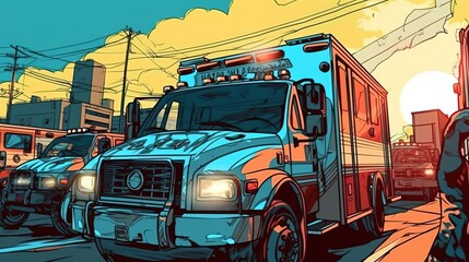 Emergency medical services responding to a call . Fantasy concept , Illustration painting.