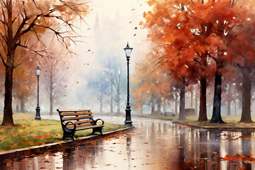 autumn rainy park with bench, lamp and trees, watercolor with Generative AI
