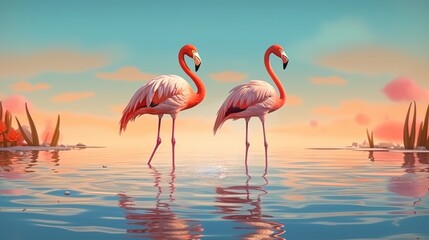 Exotic flamingos wading in shallow water . Fantasy concept , Illustration painting.